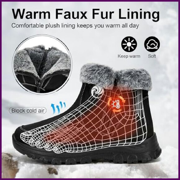 Women's Waterproof Fur Lined Ankle Boots Winter Snow Boots Zipper - Picture 6 of 8